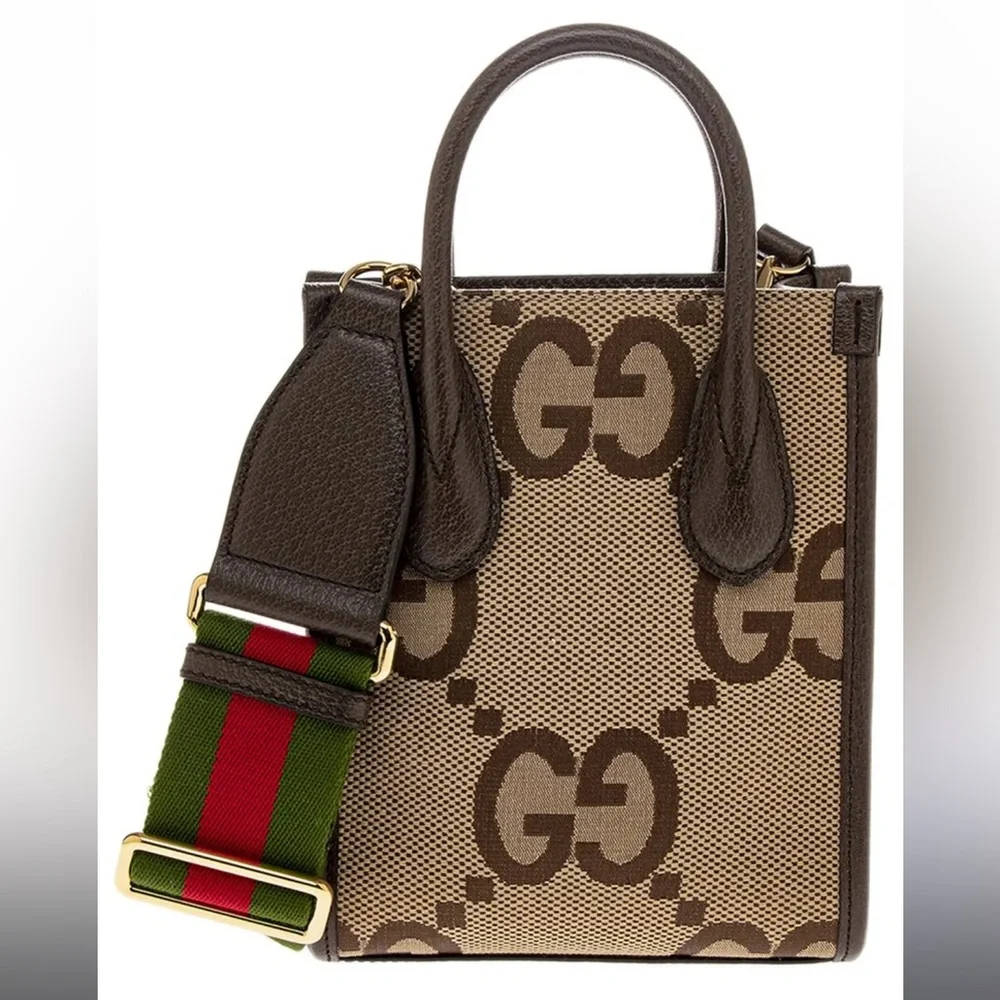 Gucci Jumbo GG Canvas Tote Mini in Brown and Tan with Adjustable Strap - Picture 2 of 11